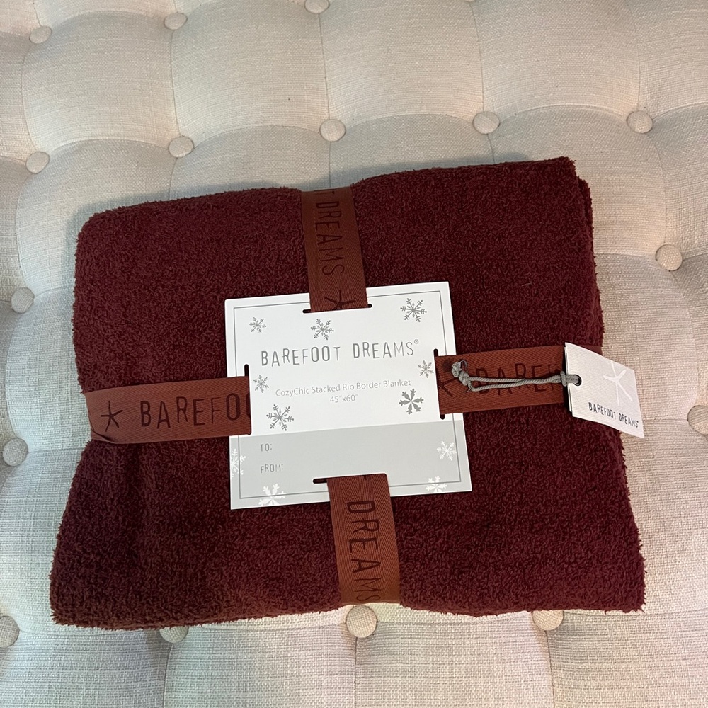 Barefoot Dreams CozyChic Rib Border Blanket in Merlot 45x60